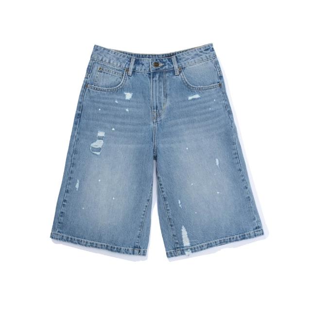 【Lee】女裝 牛仔短褲 / 寬鬆慵懶風 刷破 膝下短褲 JORTS 中藍洗水 / LB622018815