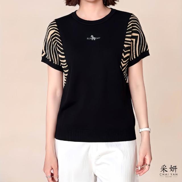 【CHAI YAN 采妍】小馬水鑽針織拼接短袖上衣(春夏女裝/中大尺碼/專櫃/寬鬆/透氣)