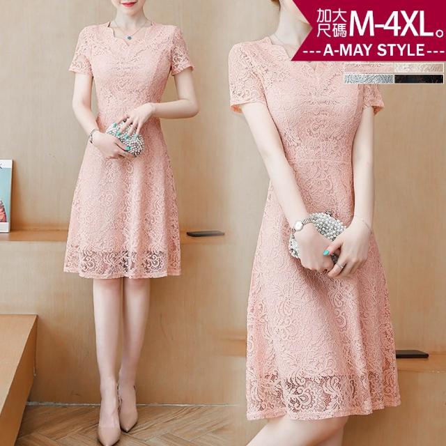 【Amay Style 艾美時尚】夏新品 中大尺碼女裝 連身裙 甜美氣質花邊領蕾絲顯瘦中長裙洋裝。M-4XL(4色.預購)