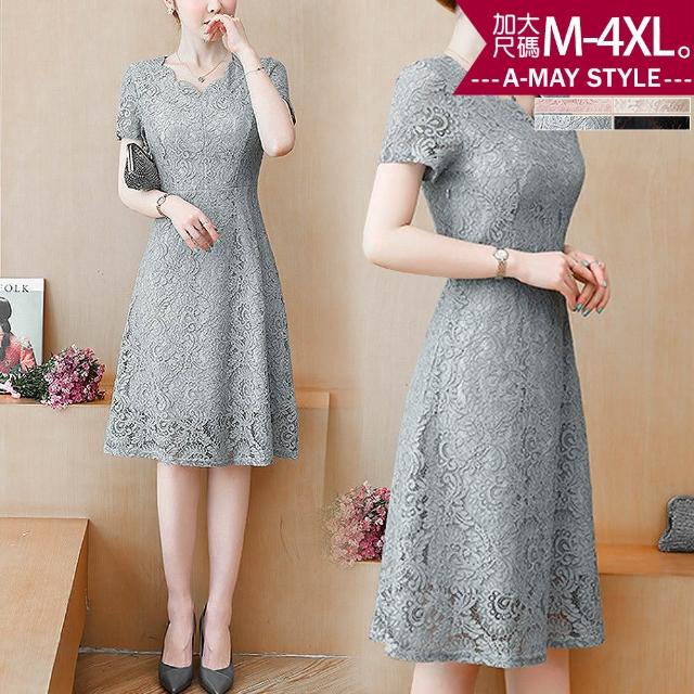 【Amay Style 艾美時尚】夏新品 中大尺碼女裝 連身裙 甜美氣質花邊領蕾絲顯瘦中長裙洋裝。M-4XL(4色.預購)