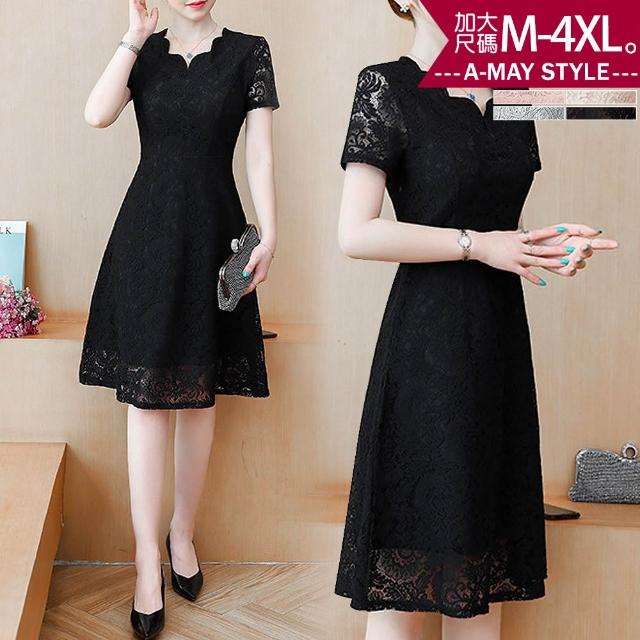 【Amay Style 艾美時尚】夏新品 中大尺碼女裝 連身裙 甜美氣質花邊領蕾絲顯瘦中長裙洋裝。M-4XL(4色.預購)