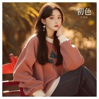【初色】出清品 韓系寬鬆顯瘦撞色假兩件植物印花圓領長袖T恤上衣女上衣-粉色-38143(M-3XL可選/快速出貨)