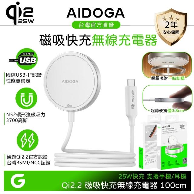 【AIDOGA】Qi2.2認證 25W快充 磁吸無線充電器 MagSafe 1M 支援iPhone 18/安卓/手機/耳機