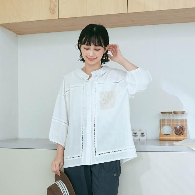 【OB 嚴選】日系拼接蕾絲寬鬆開襟襯衫 《AB21139-》 適 M~2L