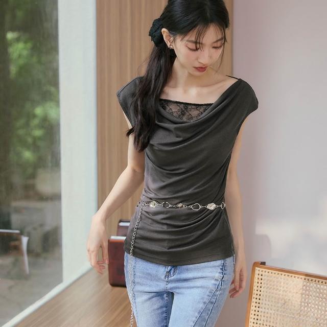 【OB 嚴選】浪漫拼接蕾絲船領上衣 《AB21293-》 適 M~XL