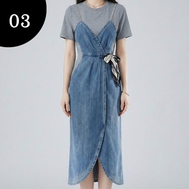 【巴黎精品】現貨+預購 牛仔連身裙拼接假兩件短袖洋裝長裙(顯瘦修身夏季收腰中長款女裙子6款f1aa17)