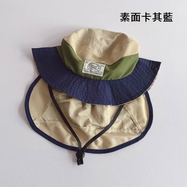 【橘魔法】韓系拚色標布透氣網眼漁夫帽 附防風繩 男童 女童 兒童 童帽 快乾 速乾 披肩帽盆帽 帽子 露營