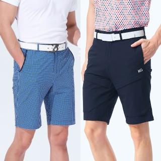 【KING GOLF】MOMO獨家特談!男款透氣舒適彈性修身素面拼接格紋休閒短褲/高爾夫球褲-多款任選