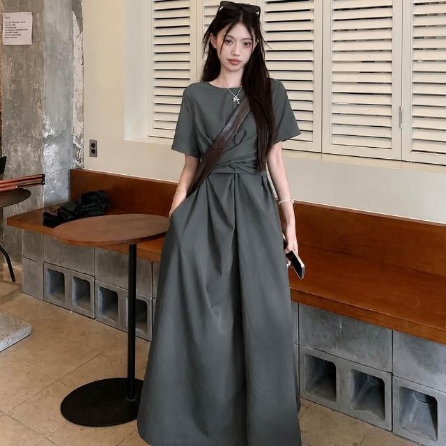 【AS 梨卡】女裝 洋裝 長裙 連身長裙 交叉綁帶 短袖連身裙 夏天洋裝 設計感長裙 韓系 HZ279