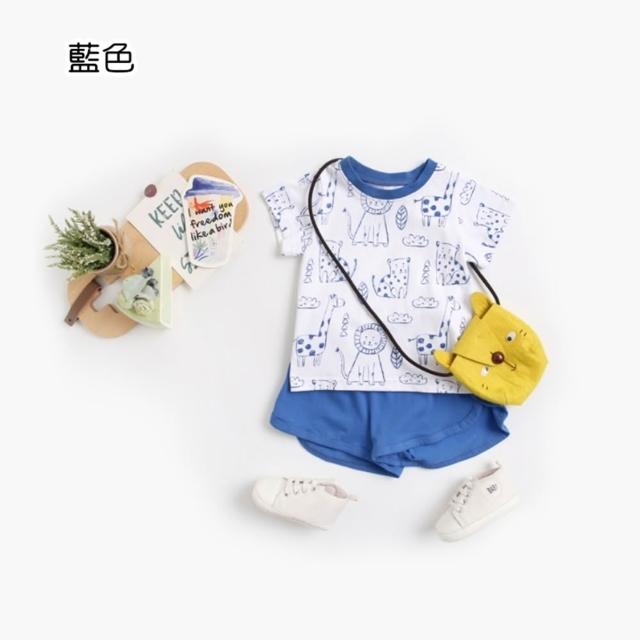 【橘魔法】純棉滿印動物滾邊短袖套裝 男童 女童 兒童 小童 童裝 短袖上衣 短褲 褲子