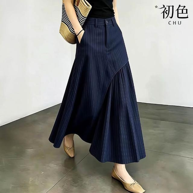 【初色】韓系休閒風百搭氣質壓褶層次設計A字短裙中長裙半身裙-4款任選-52358(M-2XL可選)