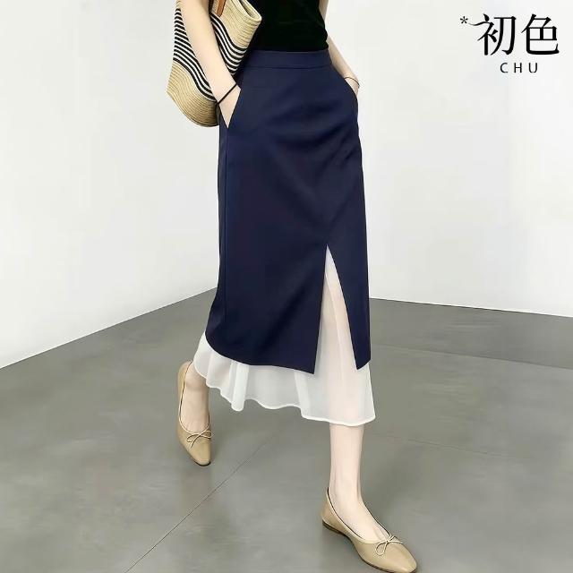【初色】韓系休閒風百搭氣質壓褶層次設計A字短裙中長裙半身裙-4款任選-52358(M-2XL可選)