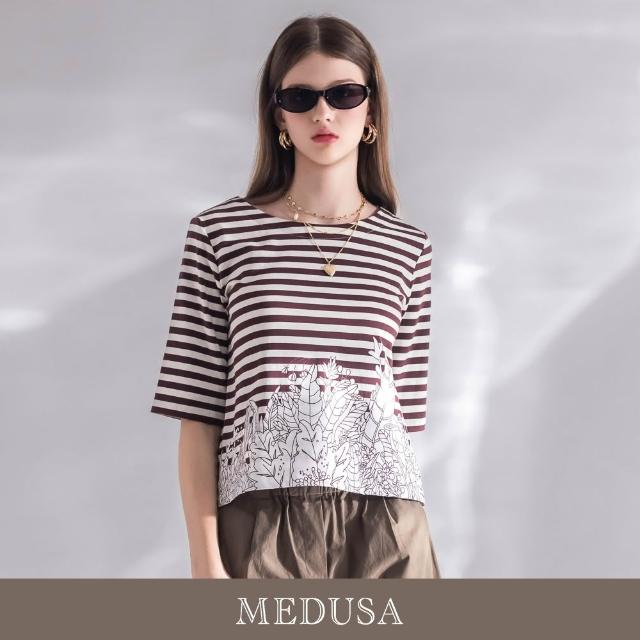 【MEDUSA 曼度莎】現貨-條紋拼接白色燙花五分袖上衣 - 2色（M-XL）｜短袖上衣 女上衣 短袖T恤
