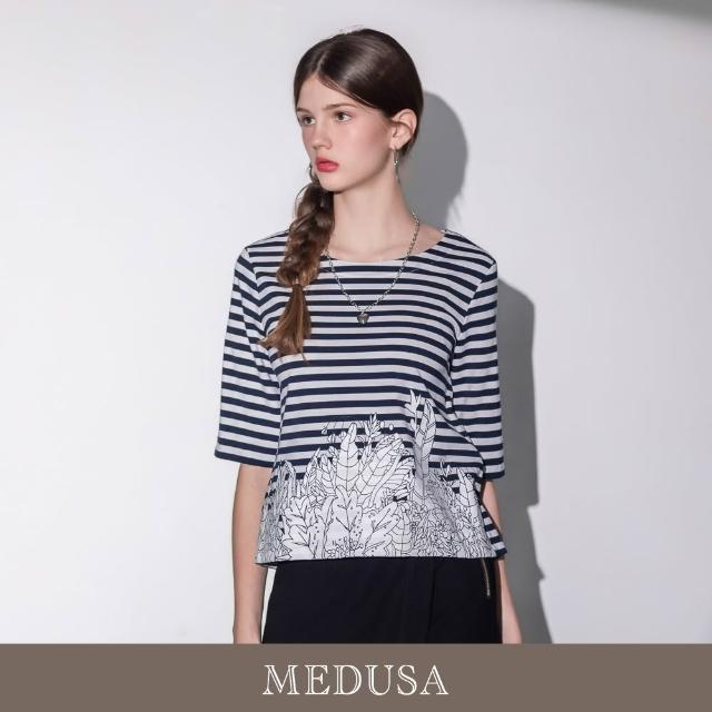 【MEDUSA 曼度莎】現貨-條紋拼接白色燙花五分袖上衣 - 2色（M-XL）｜短袖上衣 女上衣 短袖T恤