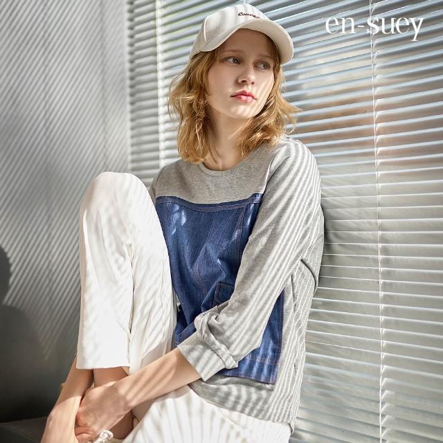 【en-suey 銀穗】異素材拼接牛仔棉T上衣-女