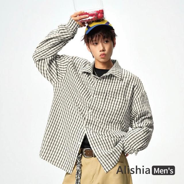 【Alishia】復古百搭經典格紋翻領開襟襯衫 外搭 長袖上衣 M-3XL(藍色 / 藏青色 / 黑色)