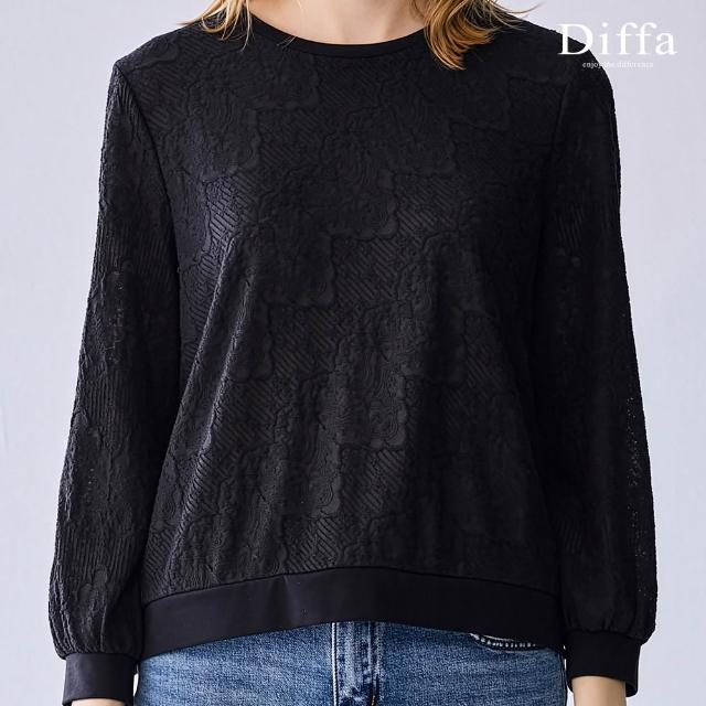 【Diffa】圓領蕾絲花長袖針織衫-女