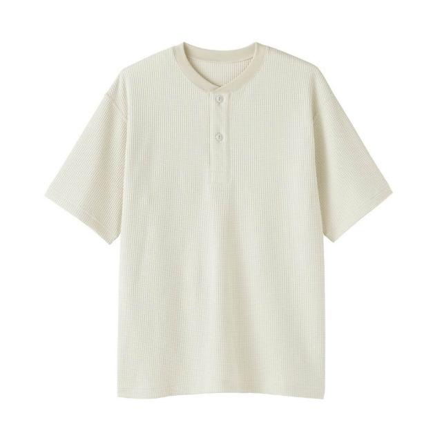 【MUJI 無印良品】男鬆餅紋亨利領短袖T恤(象牙白/深灰/煙燻綠/暗藍)