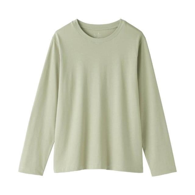 【MUJI 無印良品】女天竺圓領長袖T恤(白色/黑色/綠色/棕色/黑紋樣/磚紅紋樣/綠紋樣/灰棕紋樣)