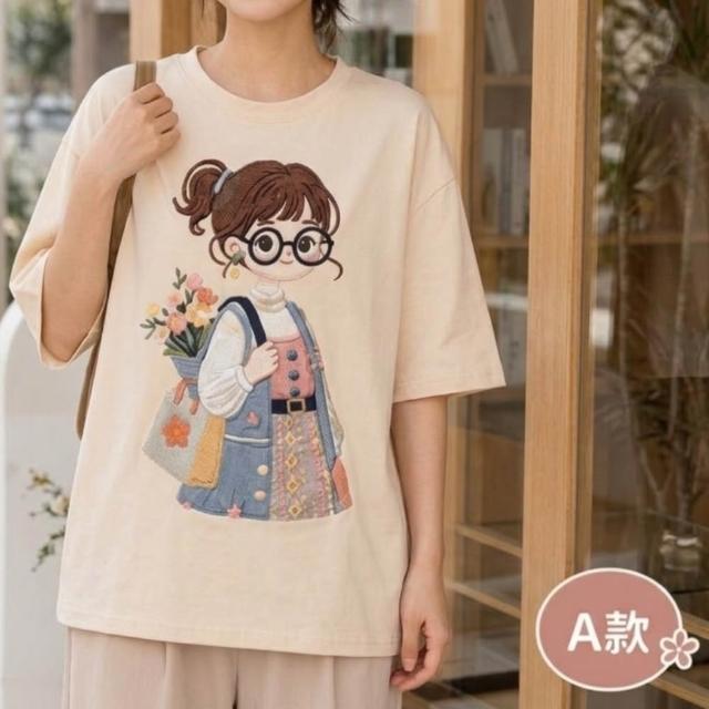 【LANNI 藍尼】現貨 買一送一 卡通印花寬鬆圓領T恤(女裝/短袖上衣/休閒/百搭/日系/通勤)