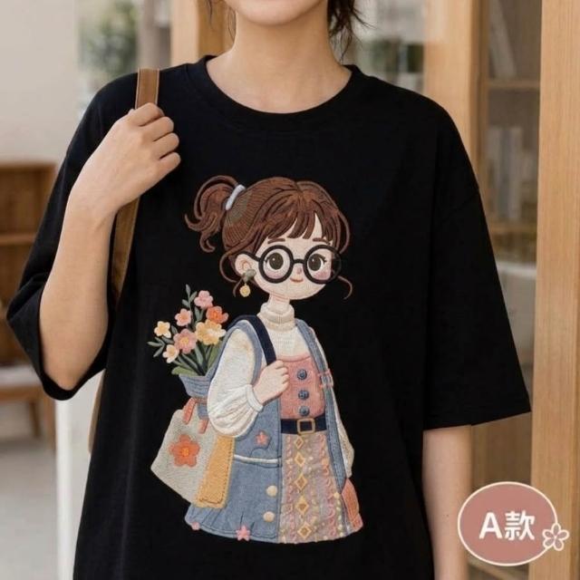 【LANNI 藍尼】現貨 買一送一 卡通印花寬鬆圓領T恤(女裝/短袖上衣/休閒/百搭/日系/通勤)