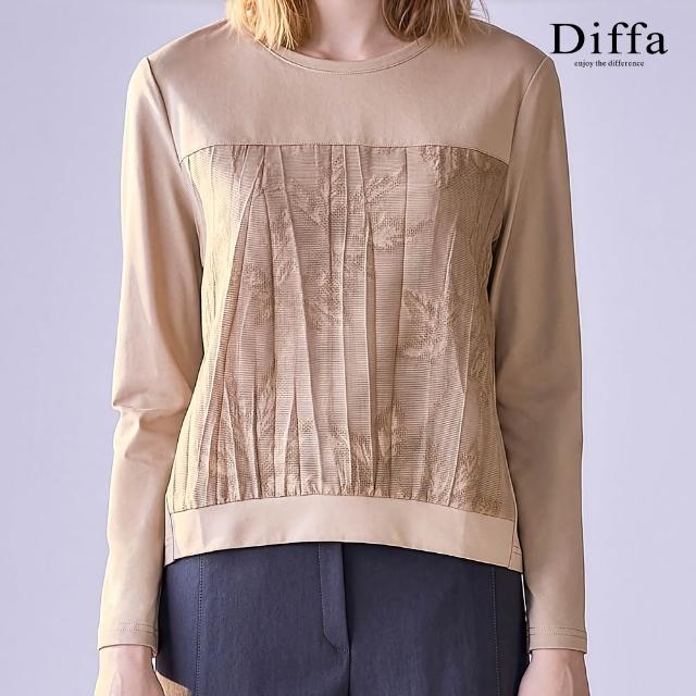 【Diffa】葉脈織紋壓褶異素材拼接長袖針織衫-女