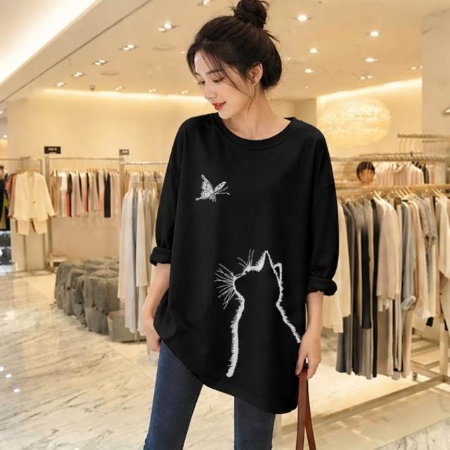 【LANNI 藍尼】★簡筆貓咪印花長袖T恤(女裝/女上衣/休閒/百搭/日系/通勤)