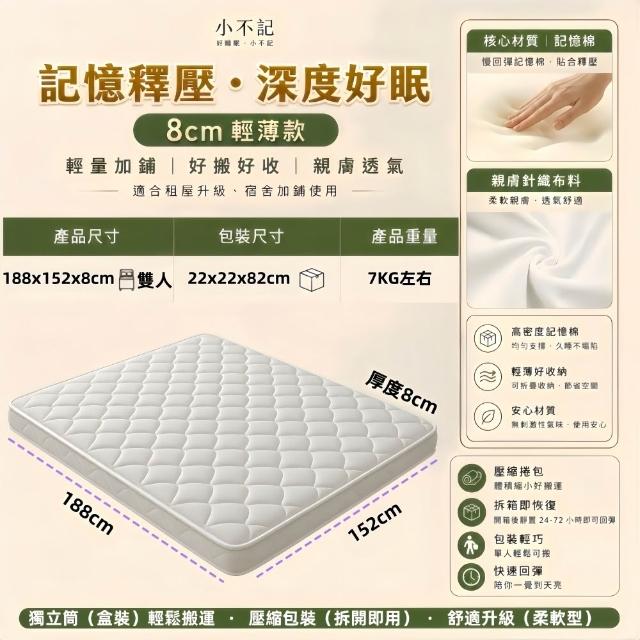 【小不記】8cm厚度 5尺雙人床墊 記憶棉床墊 獨立筒床墊 睡墊 柔軟舒適透氣床墊 租屋宿舍床墊 學生床墊