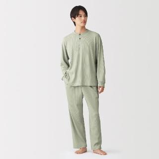 【MUJI 無印良品】男鬆餅紋編織亨利領長袖家居睡衣(深灰/淺綠/深藍)