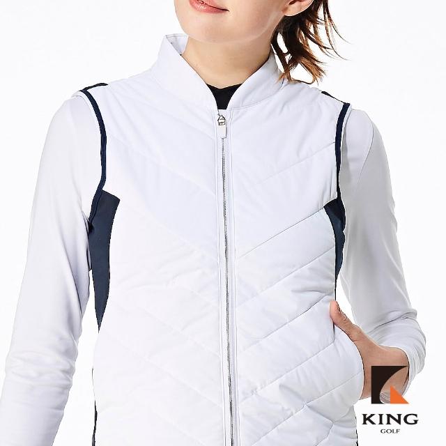 【KING GOLF】網路獨家-女款素色斜邊色塊拼接立領拉鍊絎縫鋪棉背心外套-白色